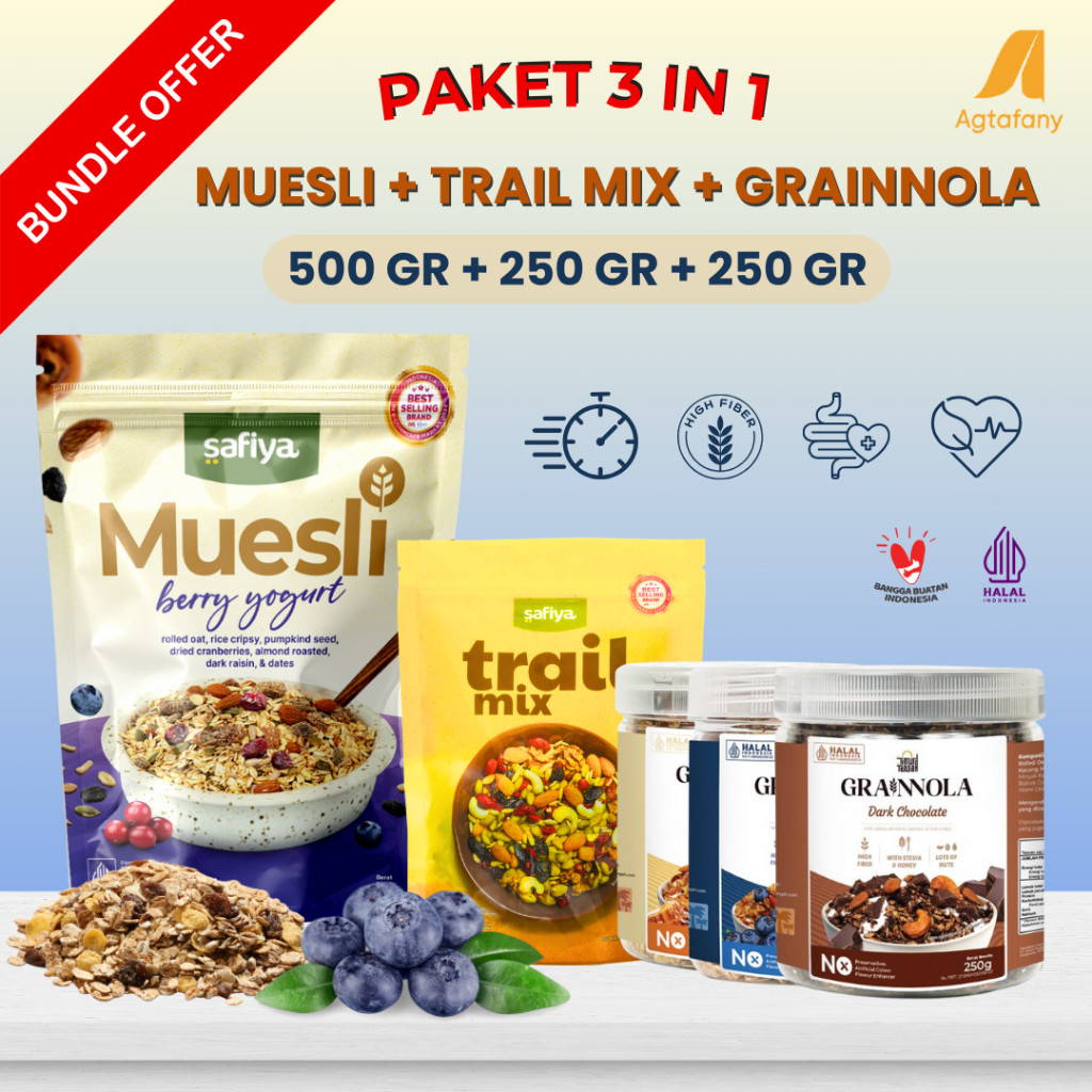 

[Paket Hemat Sehat] Bundling Muesli Berry Yogurt 500 gr + Trail Mix 250 gr + Granola Coklat Blueberry Vanilla Honey 250 gr Original Timur Tengah Safiya Camilan Sereal Sarapan Sehat