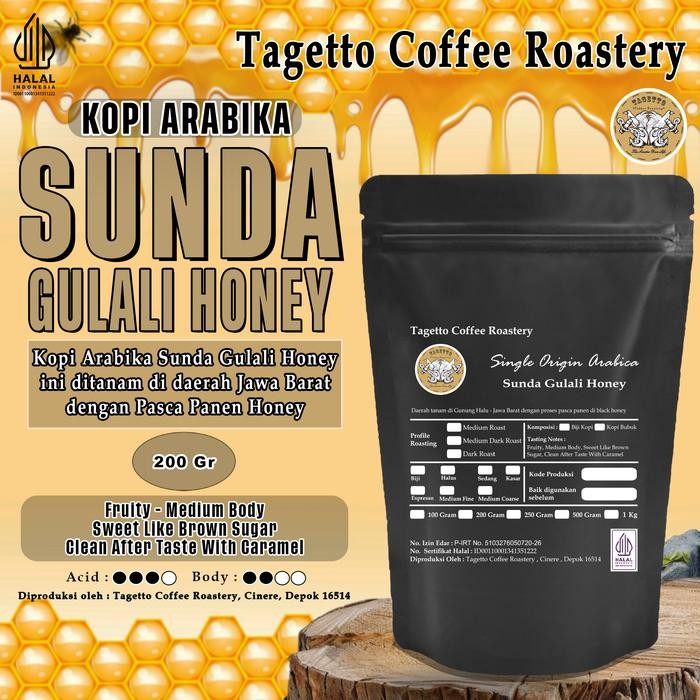 

BIJI KOPI ARABIKA SUNDA GULALI HONEY 200GR | SPECIALTY ARABICA BEAN GROUND BUBUK 200 GRAM TAGETTO COFFEE - MEDIUM ROAST, BIJI KOPI