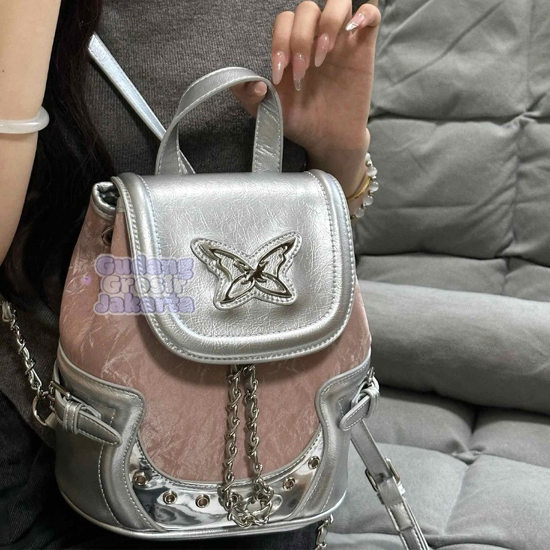 Backpack Y2K Tas Bahu Rntai Tas Wanita Perak Lucu Perguruan Tingg Lucu Import Korea
