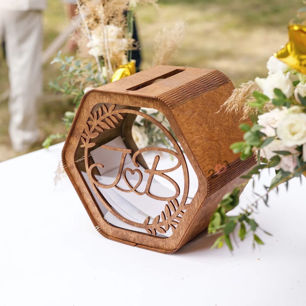 

Wedding hexagon card box, cards and money box, wedding post box, personalized cardbox, card box for wedding, wooden container