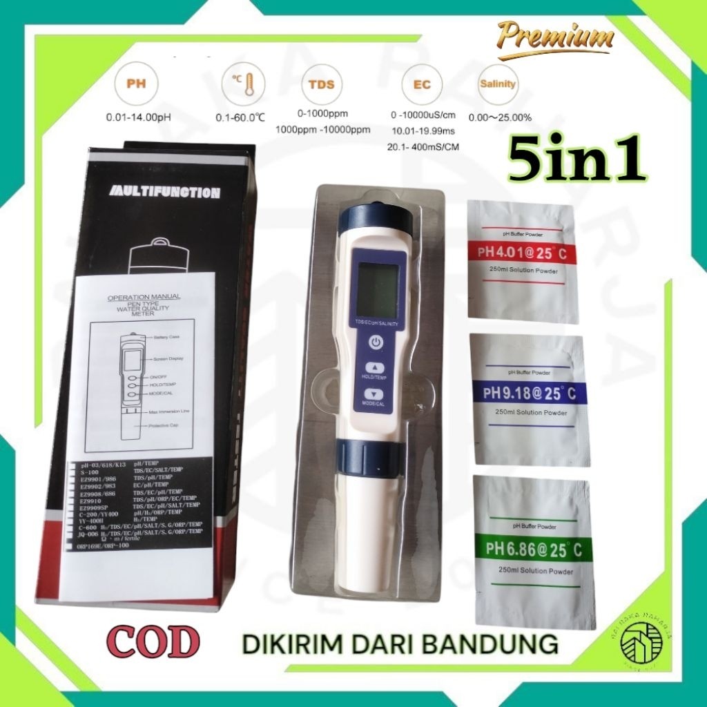 TERLARISMultitester 5 in 1 PH Meter TDS EC Salinity Temperatur Air  Digital