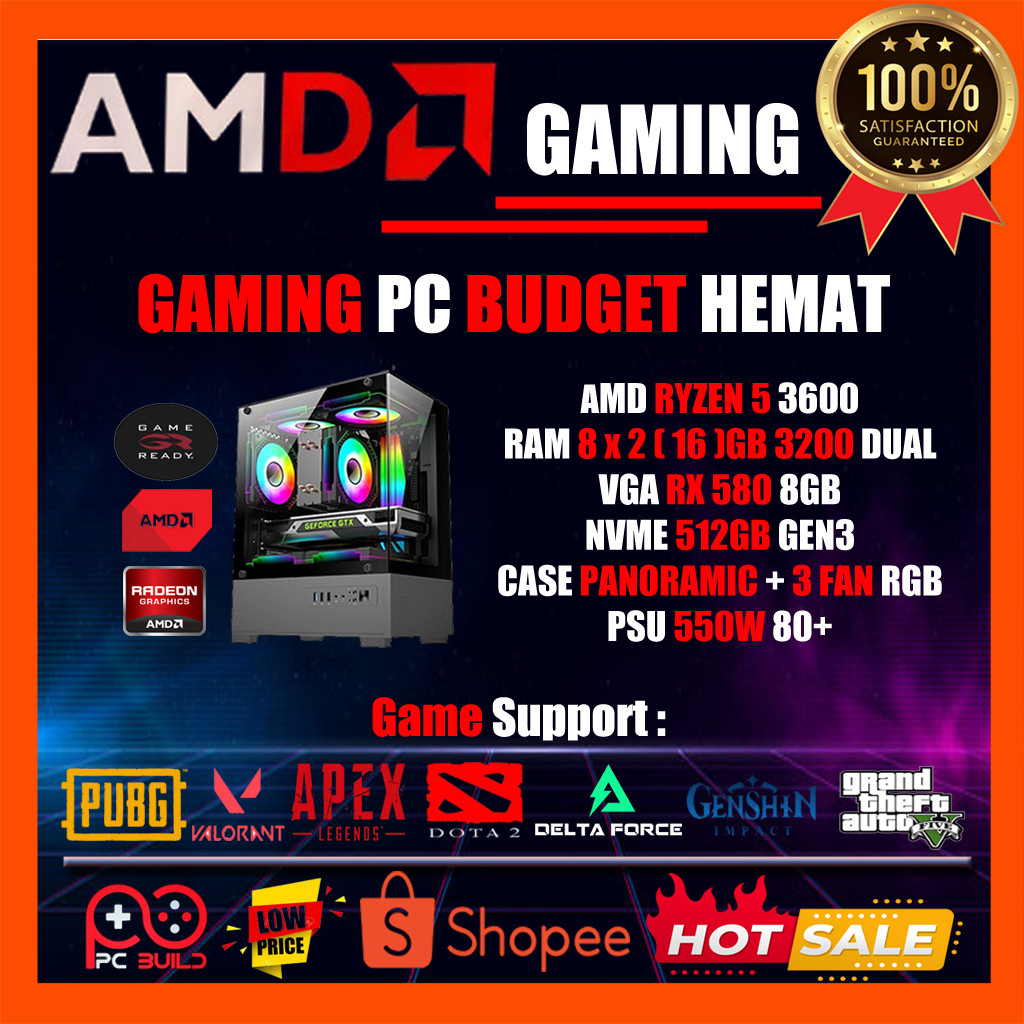 PC Gaming Amd Ryzen5 3600 Ram 16GB 8X2 Dual DDR4 Nvme 512GB Vga Rx580 8GB Wifi