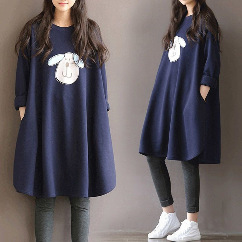 [Dress Oversized](40-150kg) Gaun Mini Lengan Panjang Cetak Fashion Korea Gaya Longgar Pakaian Hamil 