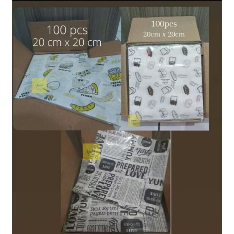 Kertas Nasi Burger MINI dan Besar - Kertas Nasi Motif Kertas Bungkus Food Wrapper 20x20 cm - 25x27,5