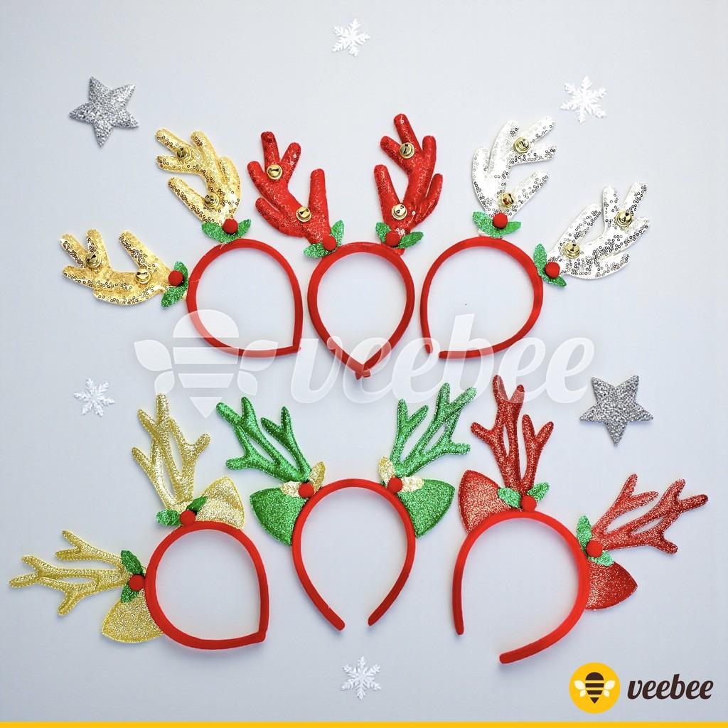 Bando Natal Rusa Borci Glitter Bel Besar (V89) | Telinga Glitter (V91) | Aksesoris Kepala Xmas