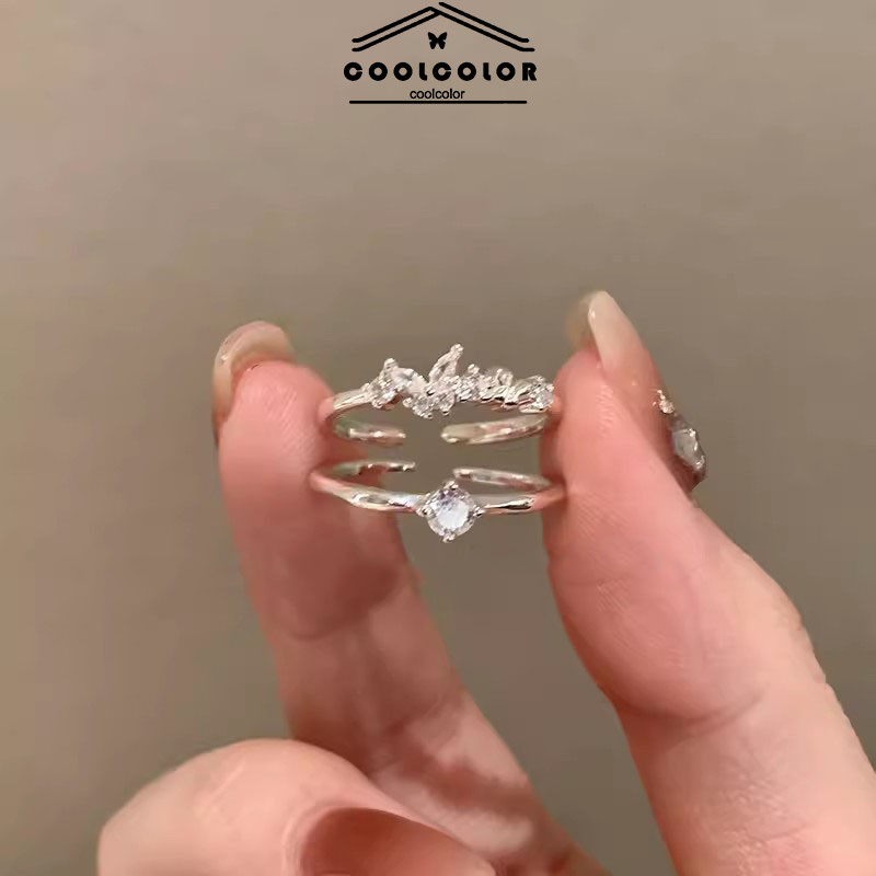 COD 2Pcs/Set Cincin Kupu-kupu Berlian Zirkon Wanita INS Cincin Jari Telunjuk Wanita Cincin Terbaru-C
