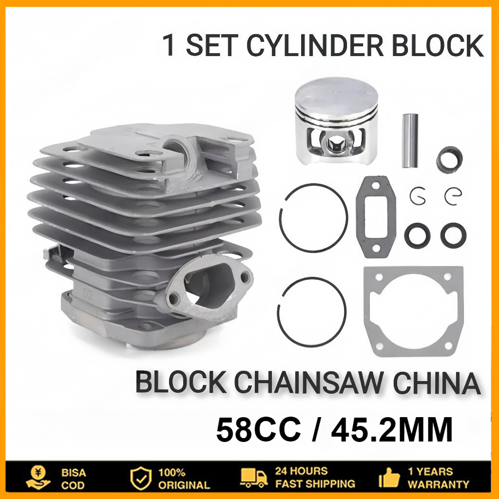 Cylinder Block Assy Komplit Blok Chainsaw 58Cc/52Cc+Paking Kop Diameter 45.2Mm Chainsaw Komplit