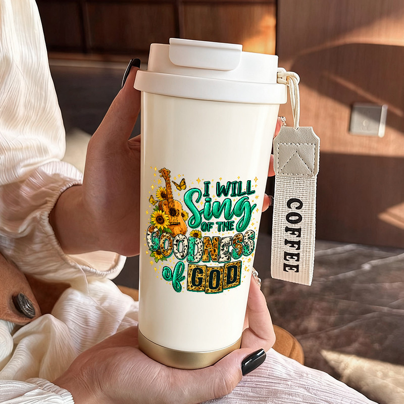 Joyful style, guitar, sunflowers, butterflies 500ml dual-purpose cup for hot and cold drinks, portab