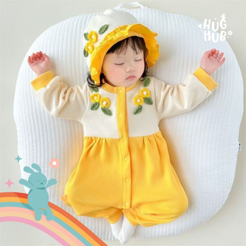 Hughub Baju Jumper Bayi Perempuan Motif Bunga Kuning Cerah Lucu Free Topi Bucket Lucu Usia 3-12 Bula