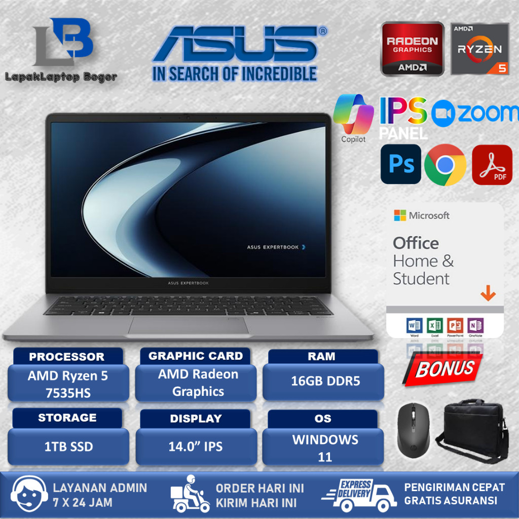 Laptop ASUS expertbook Amd Ryzen 5 7535HS Ram 8GB 512GB Ssd Windows 11 OHS