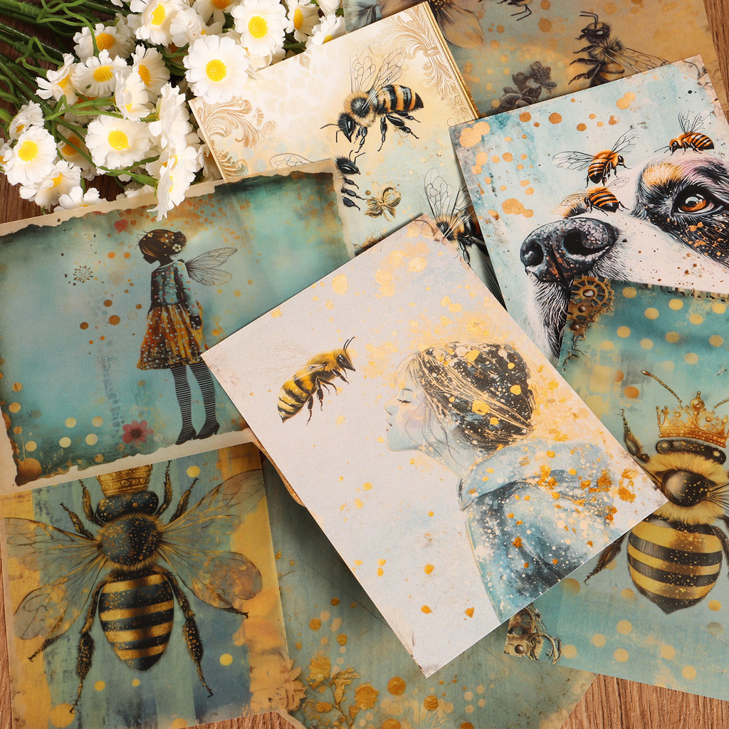 

16papers, 8 Transparent Sulfuric Acid Papers and 36stickers Honeybee DIY Junk Decoration Paper, for Arts Crafts, Scrapbooking