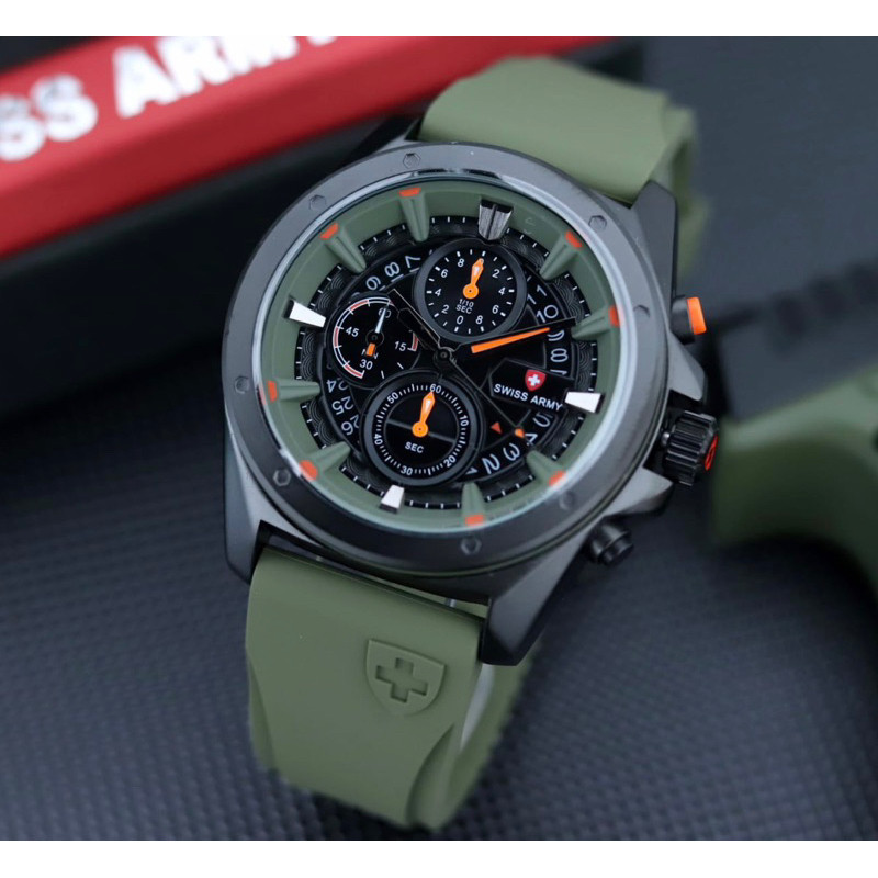 NEW Jam Tangan Pria Swiss Premium Chronograph Stopwatch Date Silicone Rubber Strap Include Box & Bat