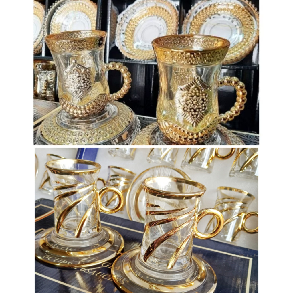 GERISAL SET CANGKIR + TATAKAN arab kombinasi gold gelas turki CANGKIR TEH arab Tea set bahan kaca