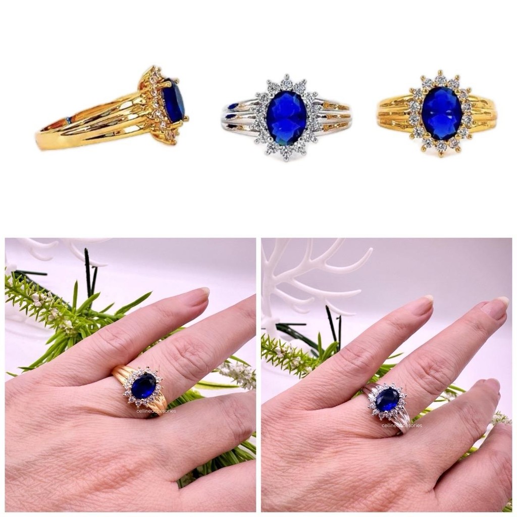 Cincin Fashion Biru Oval Bulat Mewah Elegan Lady Diana Keren - Rings cincin