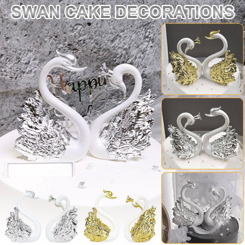 Satu Pasang Dekorasi Kue Angsa Mahkota Emas​​ / Dekorasi Kue Angsa Mahkota Gold Silver