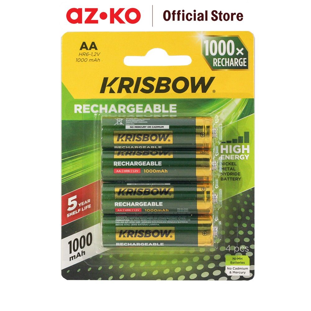 AZKO Krisbow Set 4 Pcs Baterai Aa Rechargeable 1000 Mah - Hijau Batre Isi Ulang Peralatan Elektronik