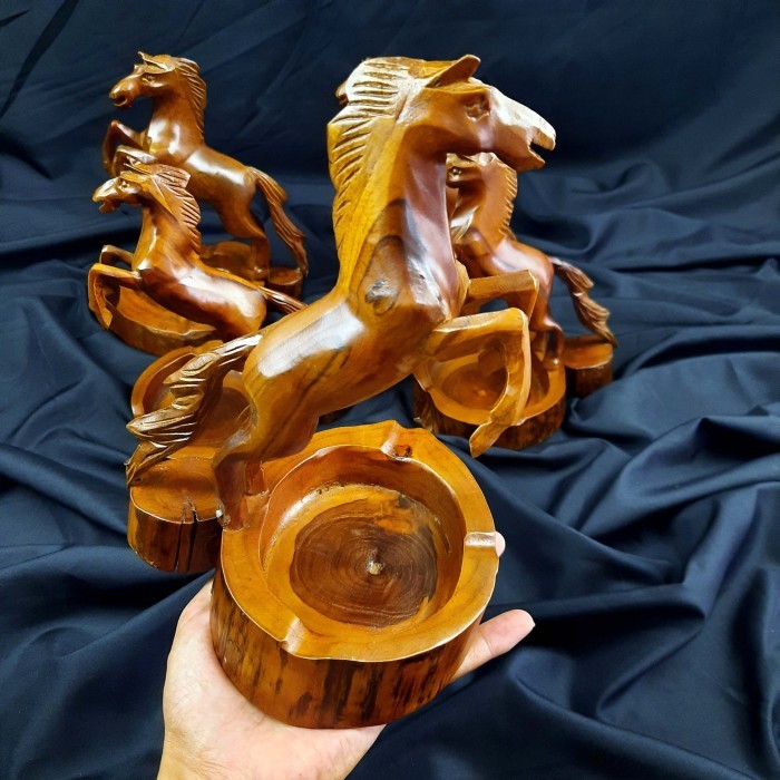 Asbak Model Miniatur Kuda Ukir Pahat Kayu Jati Asli Tua Unik
