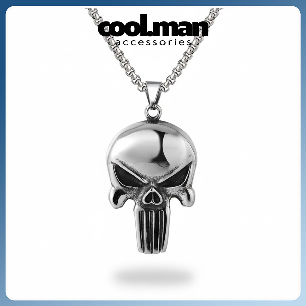 Kalung Pria Stainless Steel Tengkorak Skull Punisher Rock Metal Silver