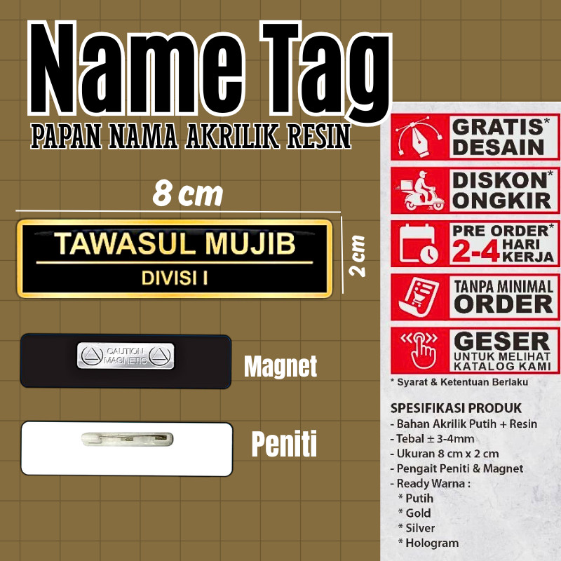 Name Tag Nama Dada Akrilik Magnet Peniti Gold Silver