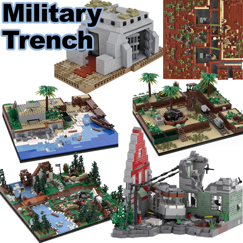 WW2 Military Trenche Watchtower Building Blocks Solider Figures Gun Battlestation Ruins Castle War A