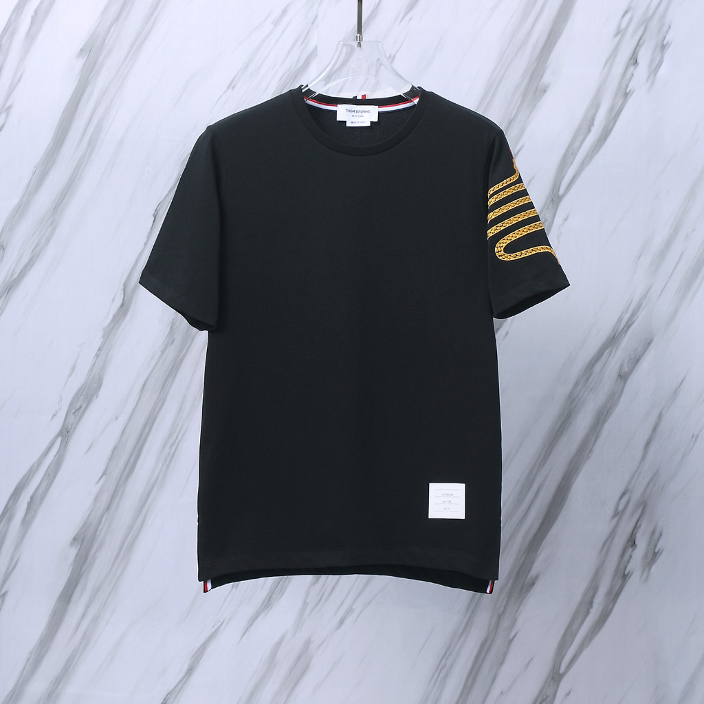 T022# THOM/TB atasan kaos katun leher bulat bergaris bordir baru