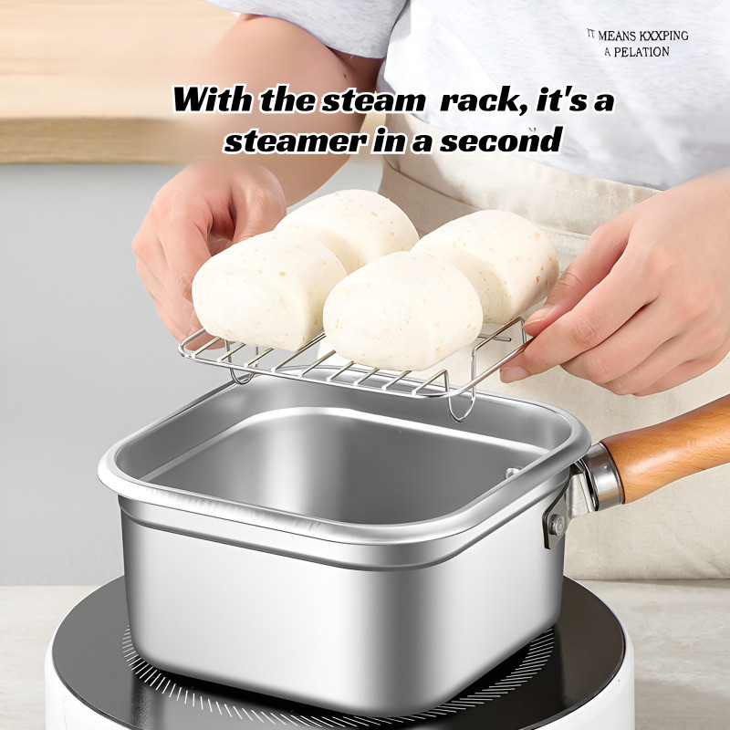 Stainless steel square frying pan tempura pot household milk pot noodle cooking pot outdoor portable