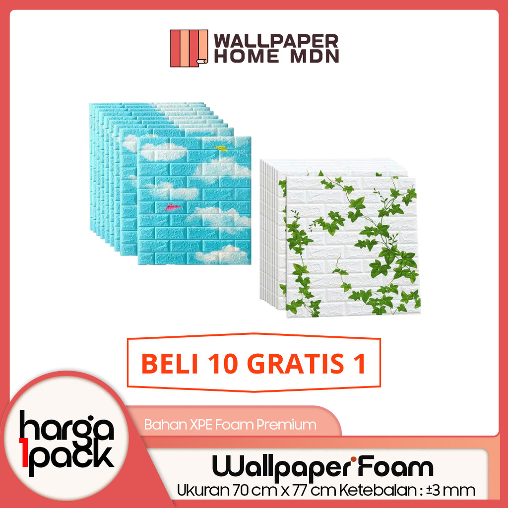 (Beli 10 Gratis 1) Wallpaper Dinding Foam 3D Motif Awan & Daun Rambat 70x77cm