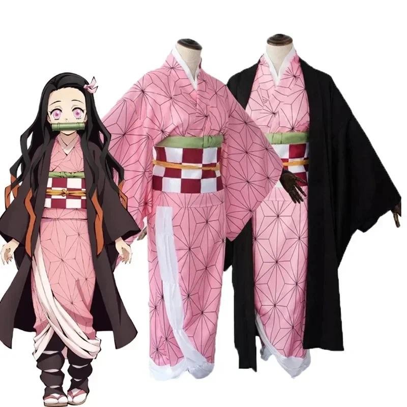 Anime Nezuko Cosplay Kamado Nezuko Cosplay Costume Nezuko Wig Uniform with Props for Adult Kids Hall
