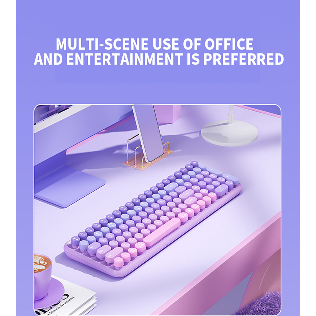 2.4G Wireless Keyboard 106 Keys Battery Powered Retro Round Keycap Colorful Cute Keyboard for Girls,
