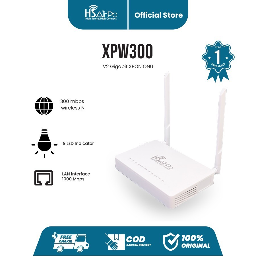 HSAirPo XPW300 XPON ONU EPON GPON Router Fiber Optik Wireless WiFi Gigabit 300Mbps 2 Antena Seperti 