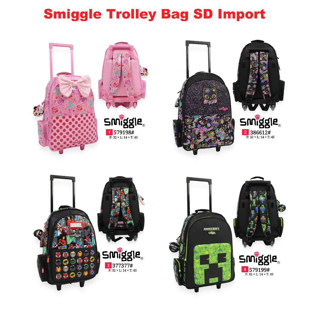 Smiggle Backpack Trolley SD Unicorn Tas Troli Dorong mini mouse minecraft