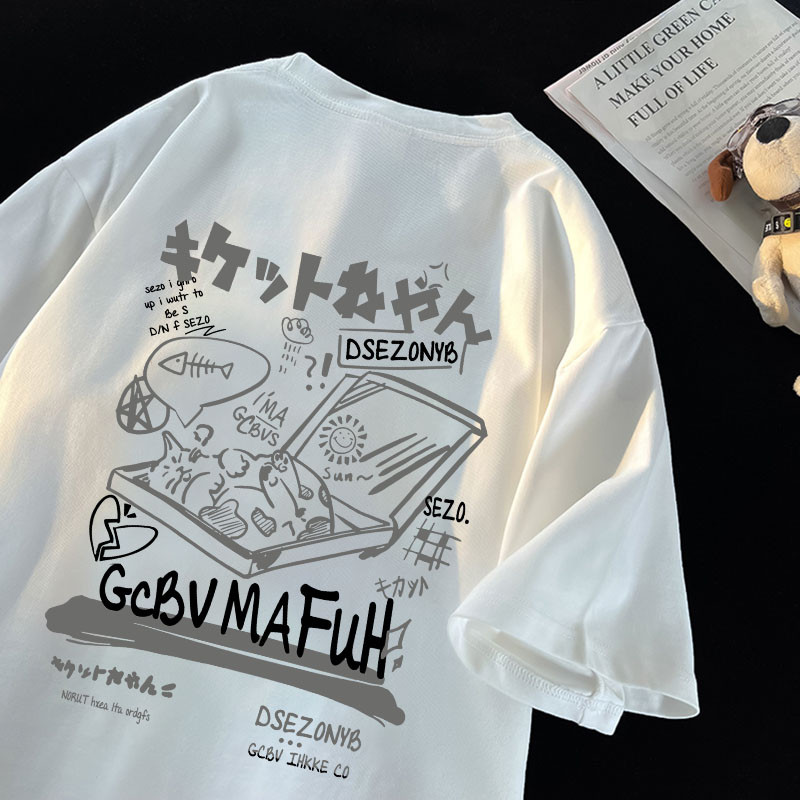 Kaos Distro Wanita Oversize - 100% Katun Murni Adem, Motif Kucing Jepang, Cocok Daily