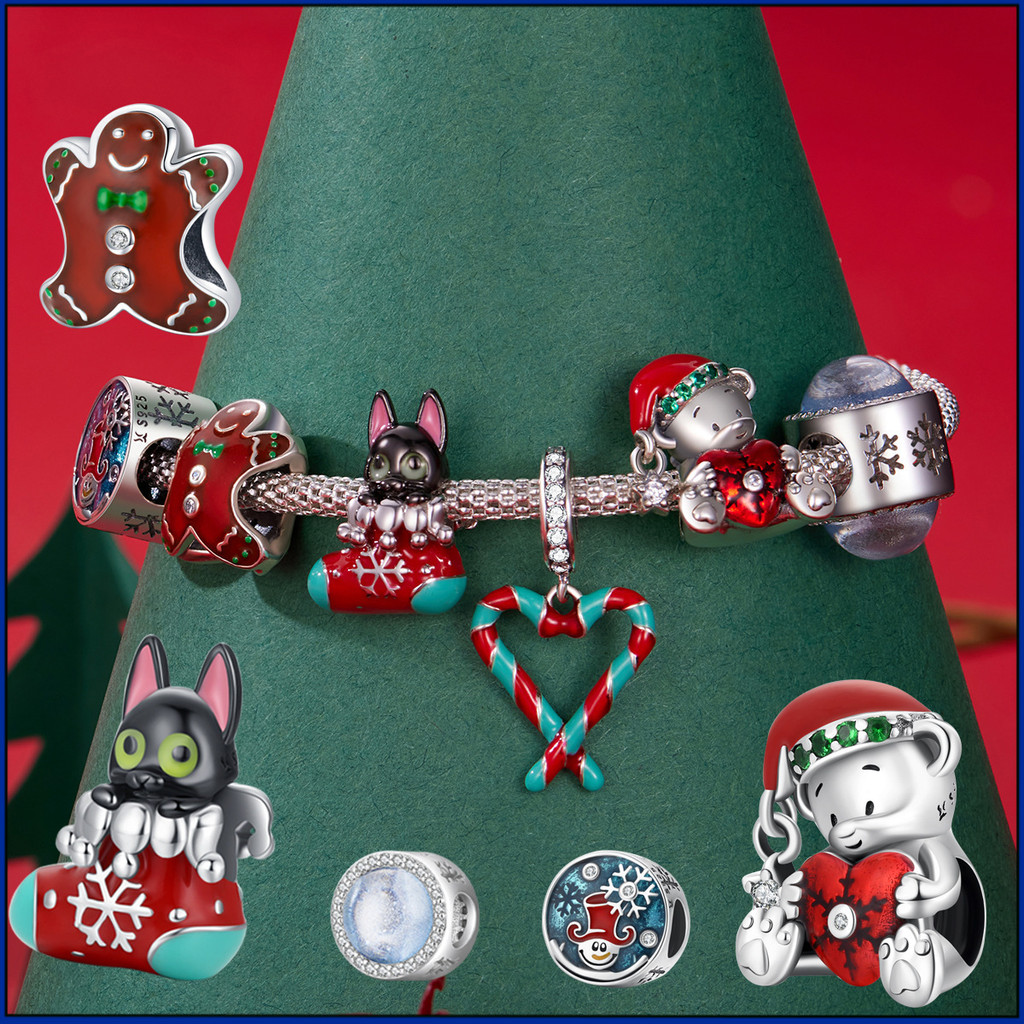 Seri Natal asli s925 manik-manik pesona perak, beruang cinta Natal kepingan salju Dekorasi senar DIY