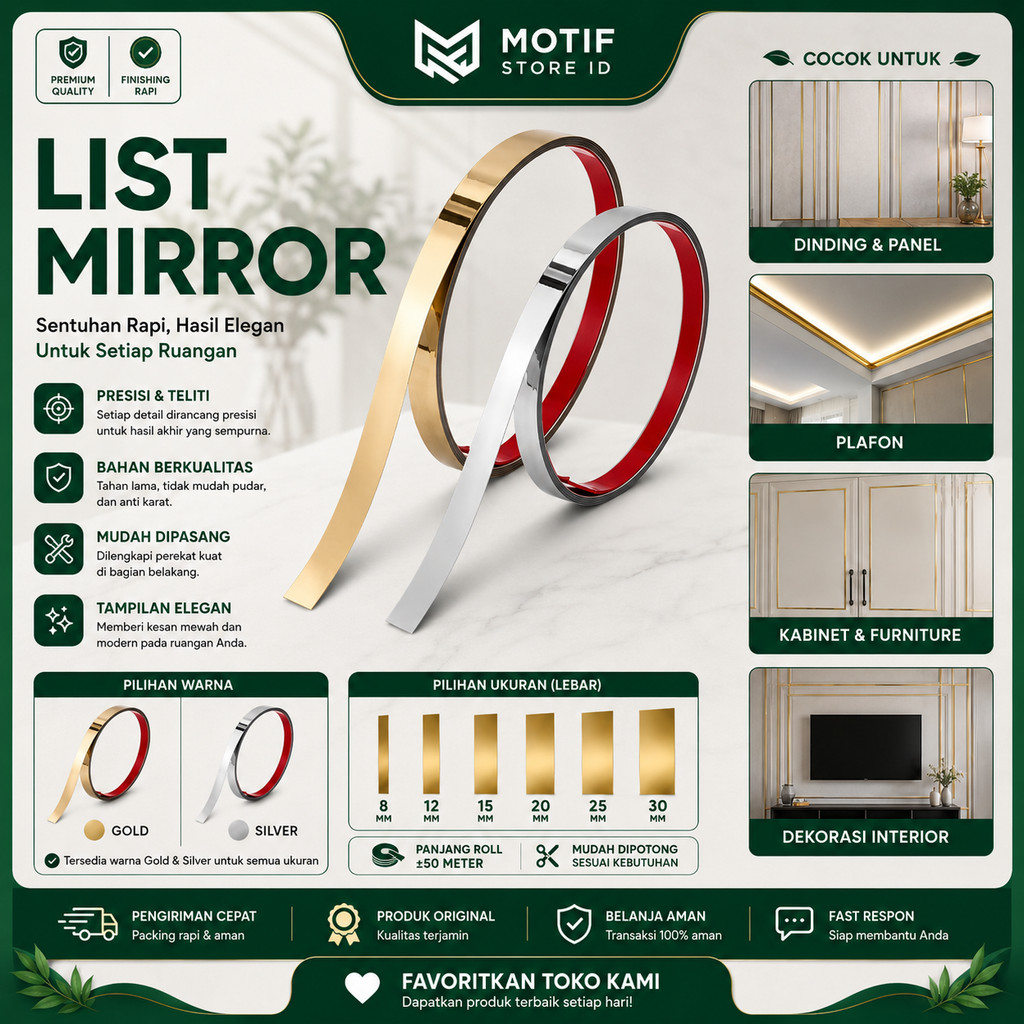 List Mirror Meteran Lis Les 12 mm 15 mm 20 mm 25 mm 30 mm 1cm 2 cm 3 cm Gold Silver Ceiling Strip Mi