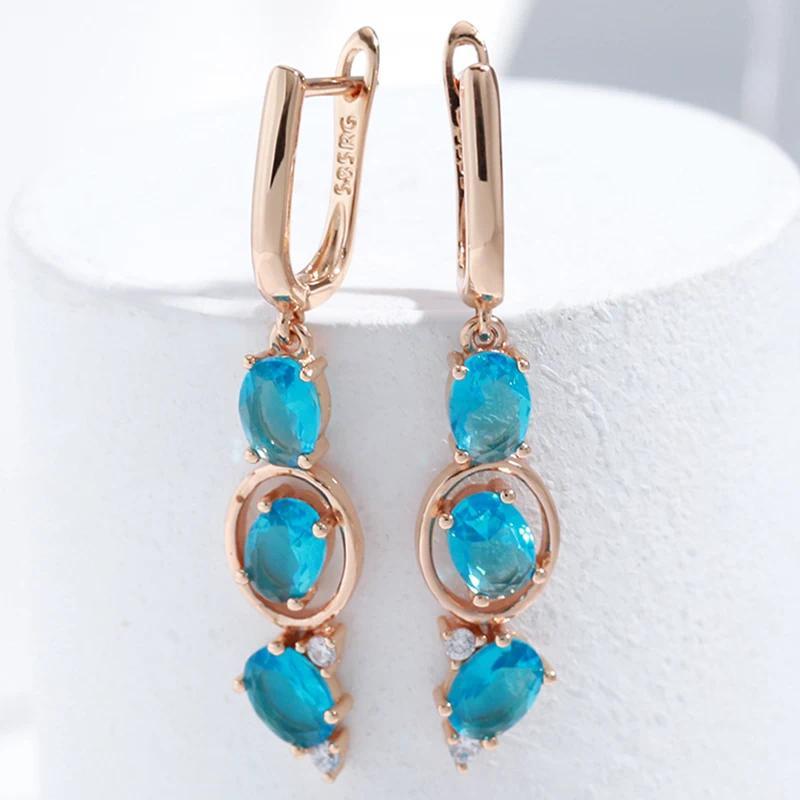 Anting Panjang SYOUJYO Fashion Biru Zircon Alami Untuk Wanita 585 Perhiasan Vintage Emas Mawar