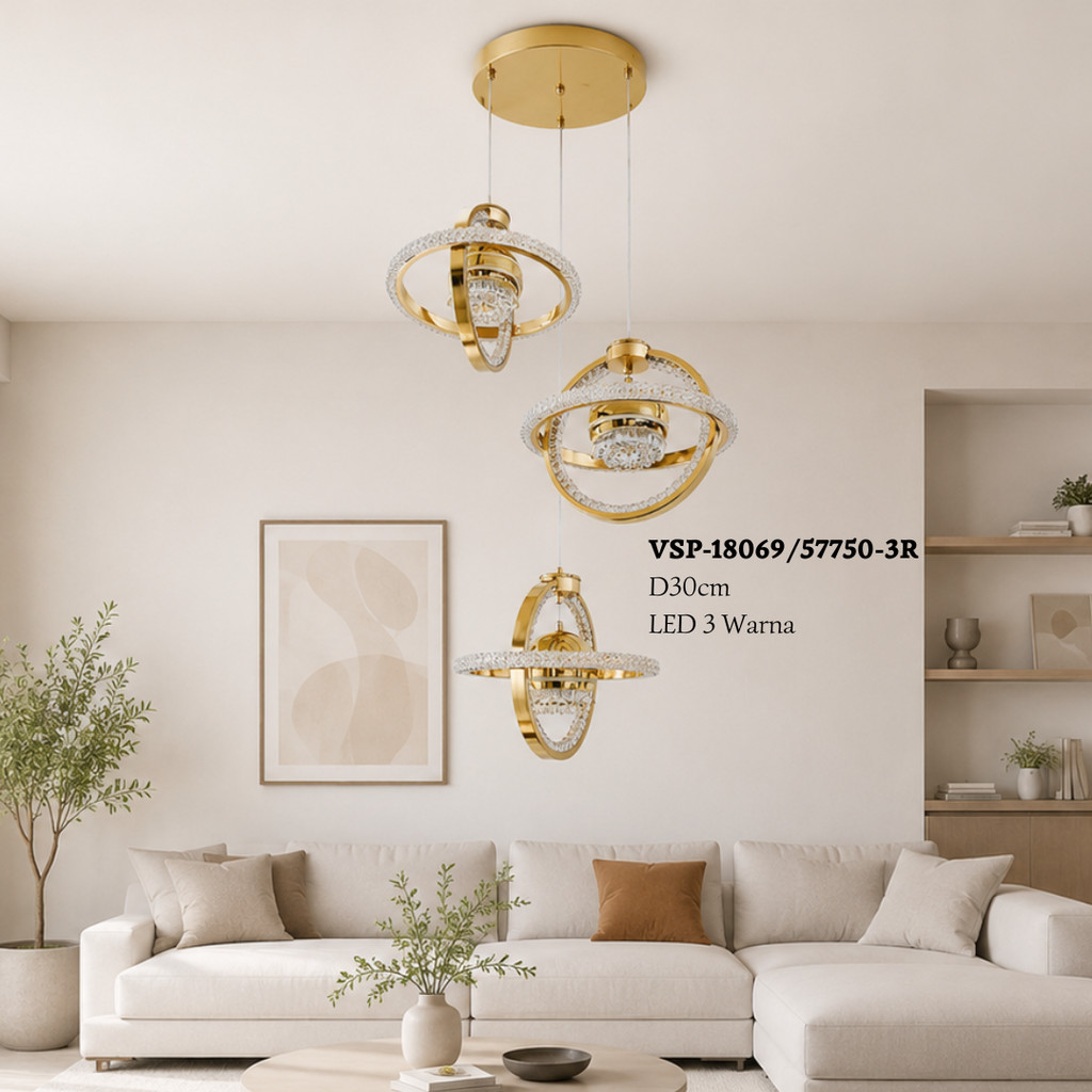 Lampu Gantung Bulat Gold Kristal 3 Lampu Modern 18069/57750 Gold