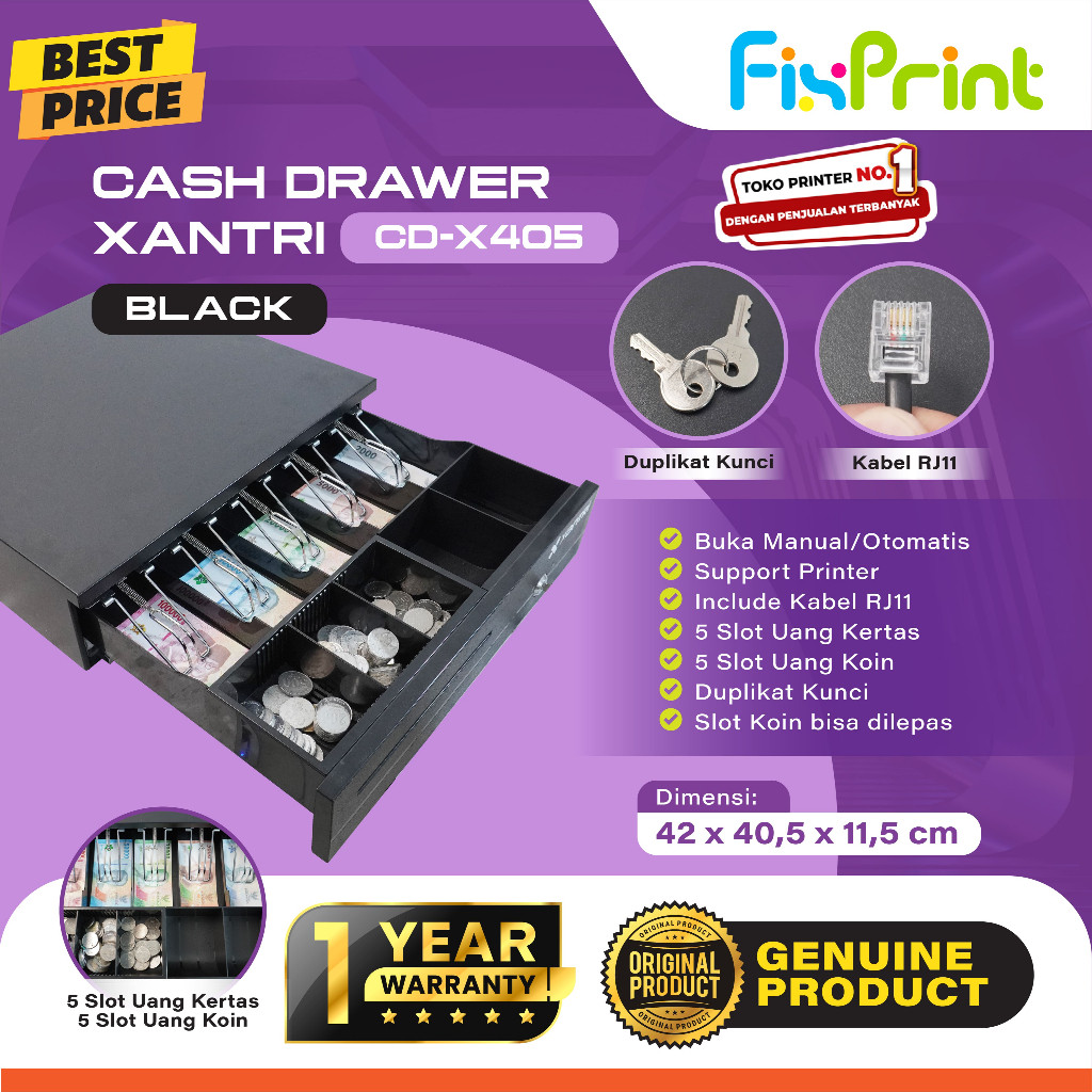 FixPrint Cash Drawer Xantri Laci Uang Kasir CDX405 / CDX335 RJ-11 IWare Laci Uang Koin CD330 UL-400 
