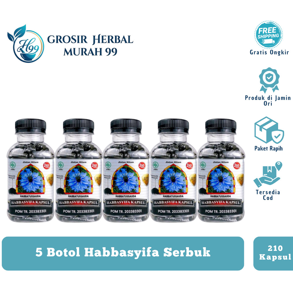 Grosir Paket 5 Botol Habbasyifa BlackSeed 210 Kapsul - Habbatussauda Asli