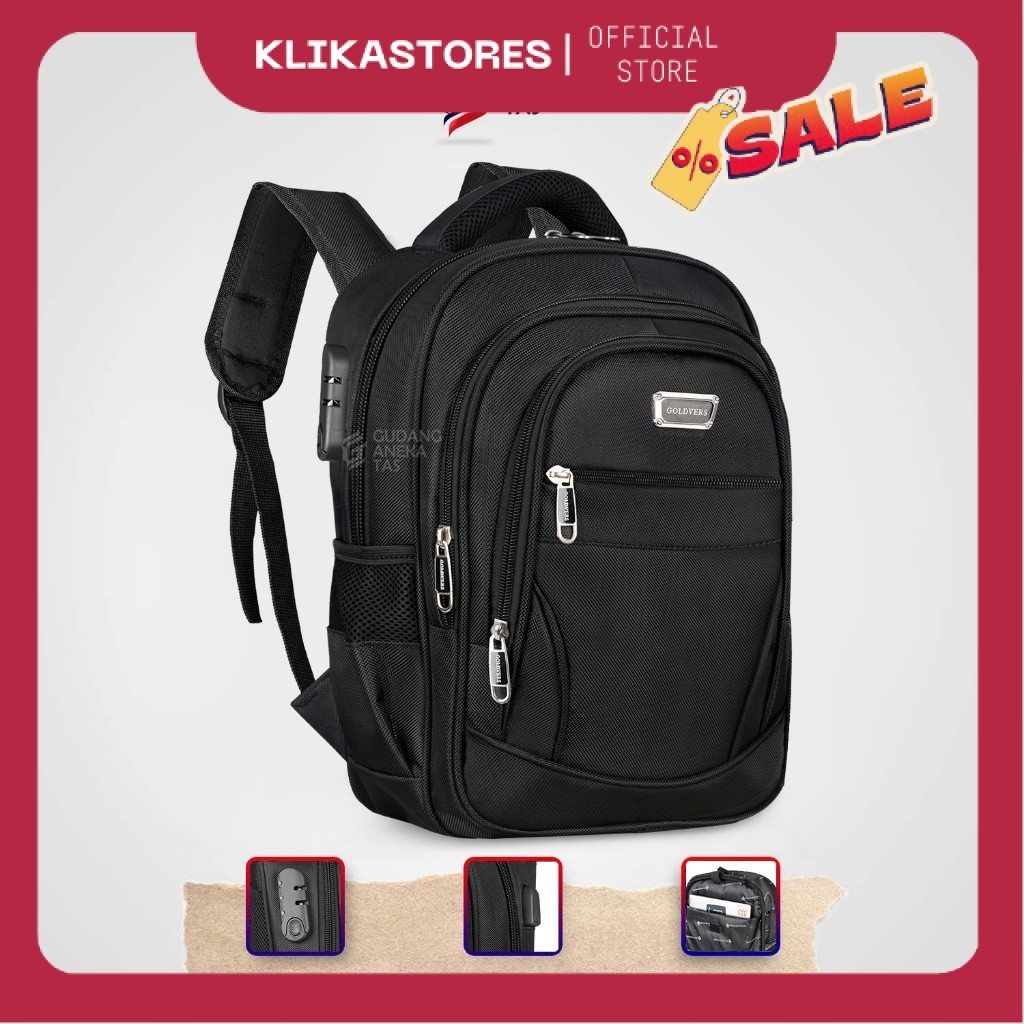 Tas Ransel Sekolah 14 Inch Goldvers Kunci Kombinasi USB Port Free Raincover CVGA