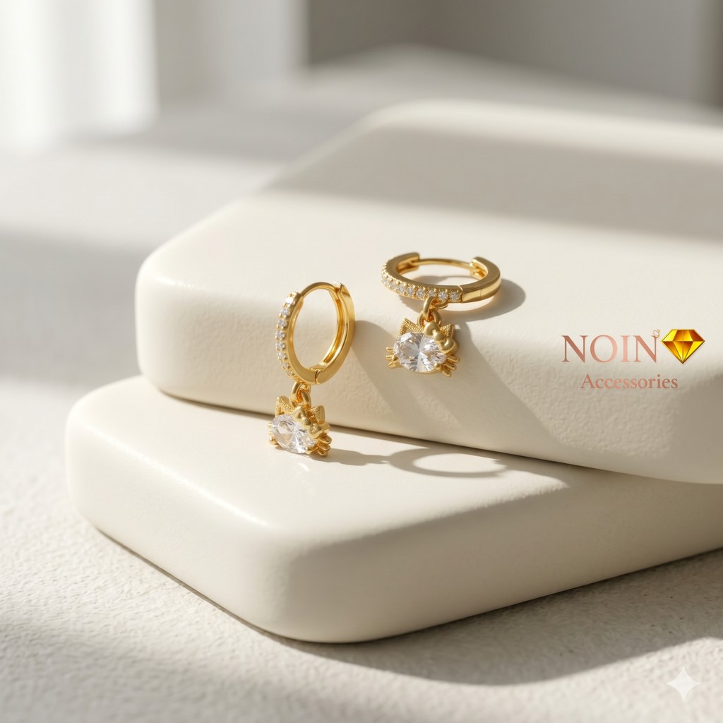 Anting Kiti Zircon Lapis Emas Wanita Remaja Anting Kucing Zirkon Lucu