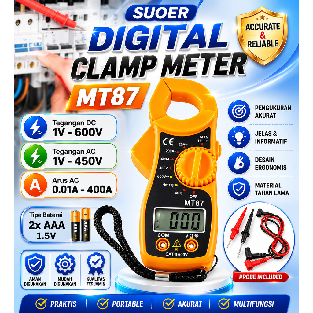 Tang Ampere Meter Digital Suoer MT87 – Digital Clamp Meter Multitester - Tang Ampere Listrik AC