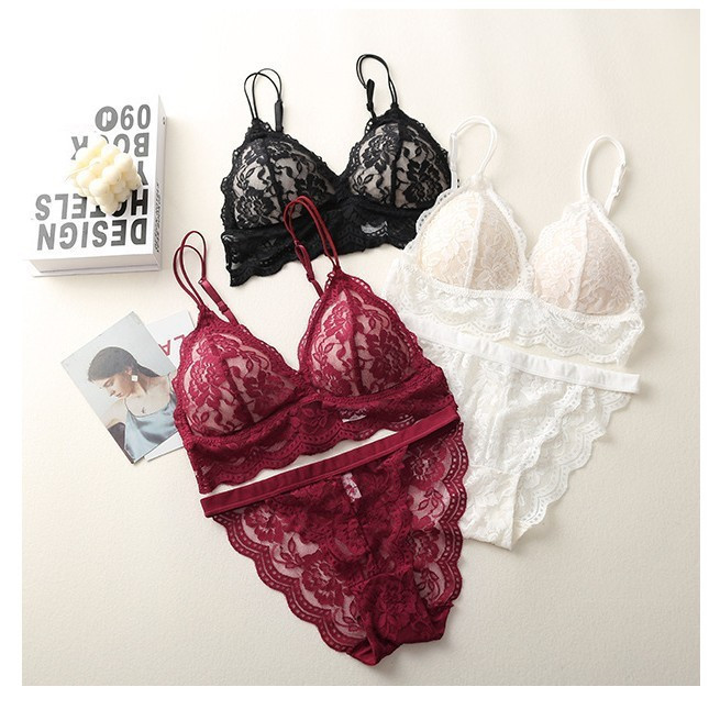 Gentle Trap  COD Set Bra Cup Segitiga Prancis - Renda Berongga Tanpa Punggung Seksi
