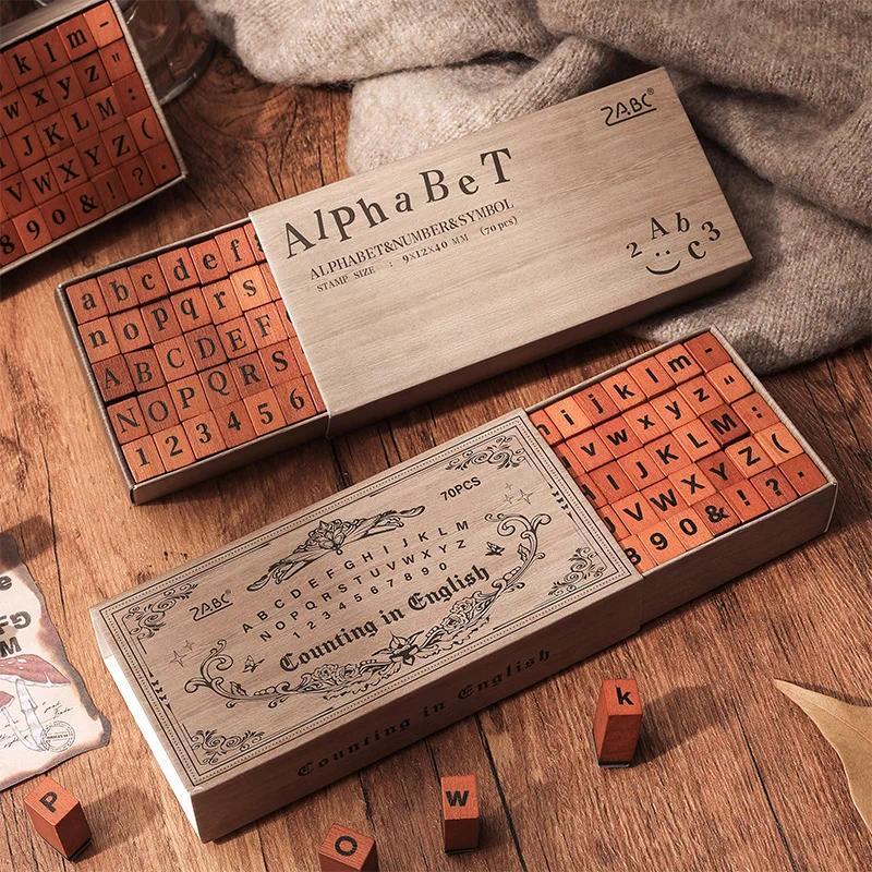 Journal GO 70pcs/box Alphabet Stamps Vintage Wooden Rubber Letter Number Symbol Stamp Set Card Makin