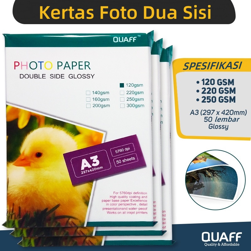 

50pcs Kertas Foto Glossy 2 Sisi A3 Double Sided Photo Paper 120GSM 220GSM 250GSM