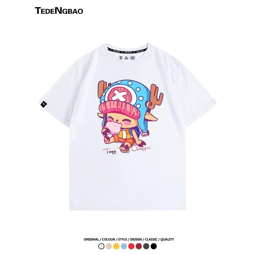 Kaos Pasangan Lucu One Piece Kartun Anime Chopper Topi Jerami Kru Unisex Katun Murni Lengan Pendek