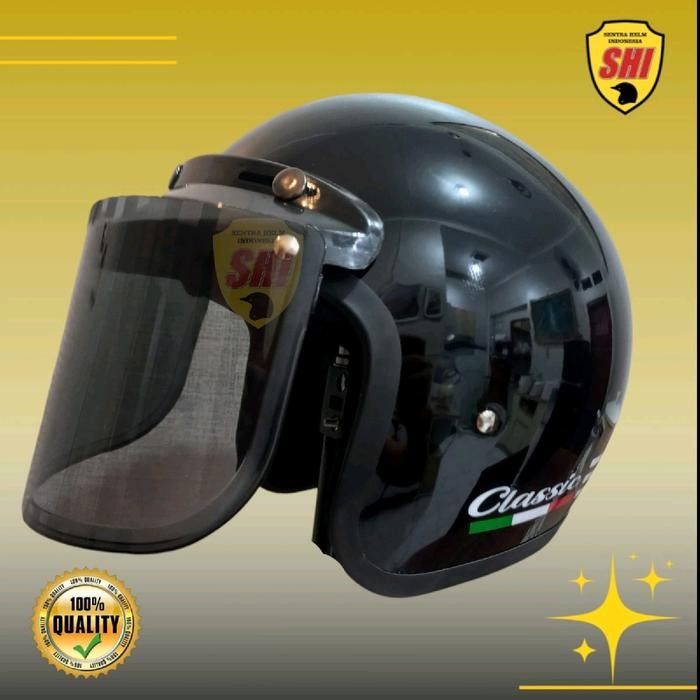 Helm Bogo Classic Garis Tiga Dewasa SNI Kaca  Motorcycle - Hitam Glossy, Kaca Datar