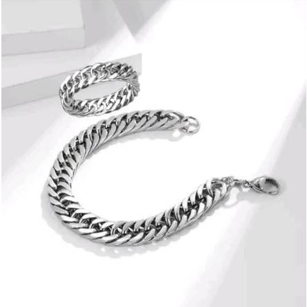 1 Set Gelang Rantai Titanum Dan Cincin Model Model Punk Pria Dan Wanita Gelang + Cincin Titanium