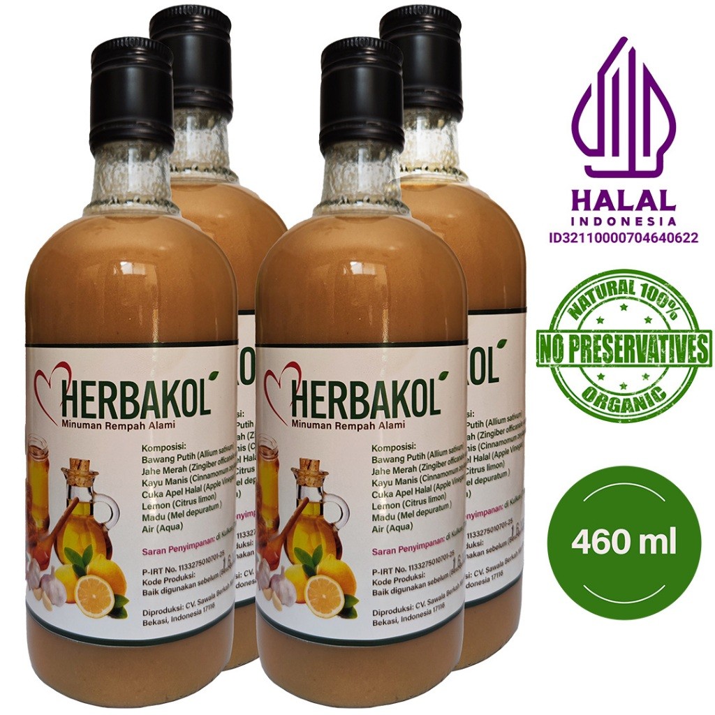 

HERBAKOL (Paket 4 Botol) Jus Bawang Putih Jahe Merah Lemon Cuka Apel Madu