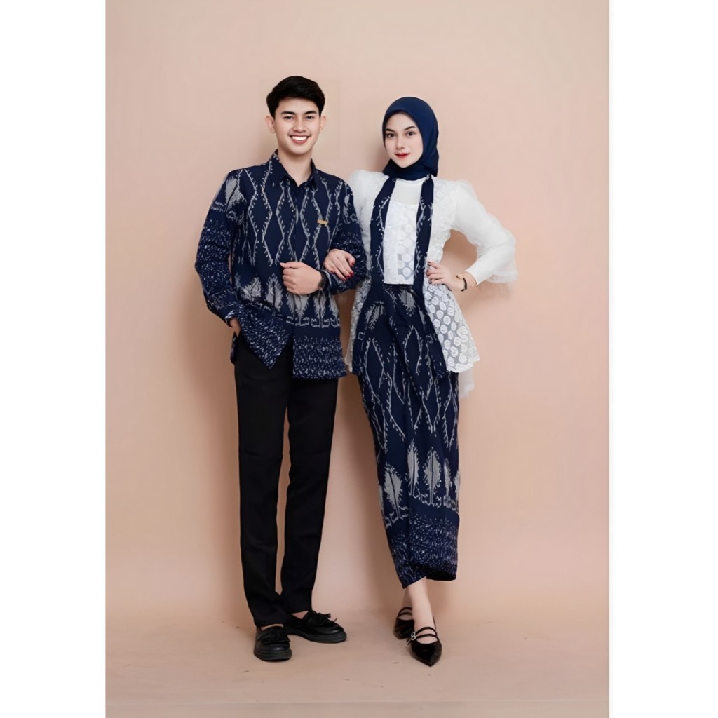 Set Couple Puspa navy Baju Couple Kondangan Kemeja pria full tenun set dress tradisional kebaya , ko