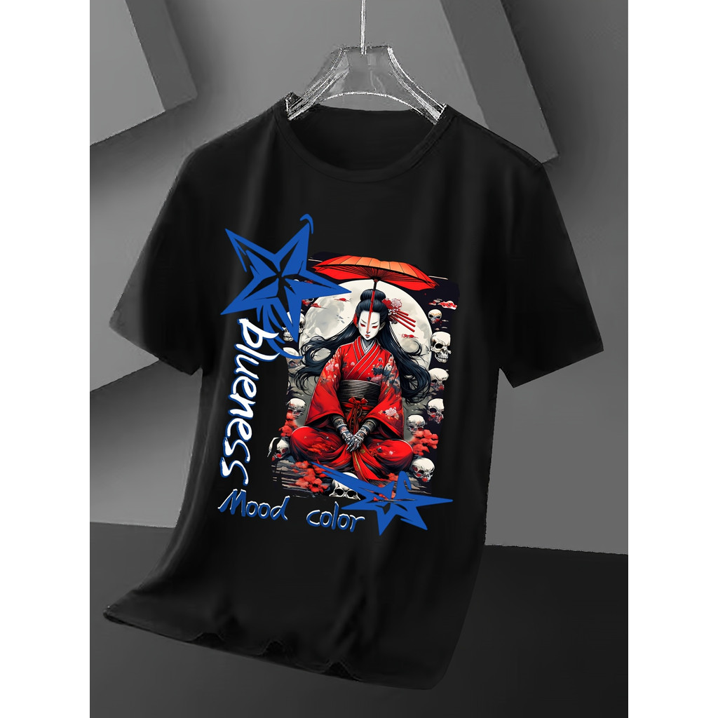 Kaos Pria Streetwear Jepang Motif Tengkorak Kimono Baju Lengan Pendek Katun